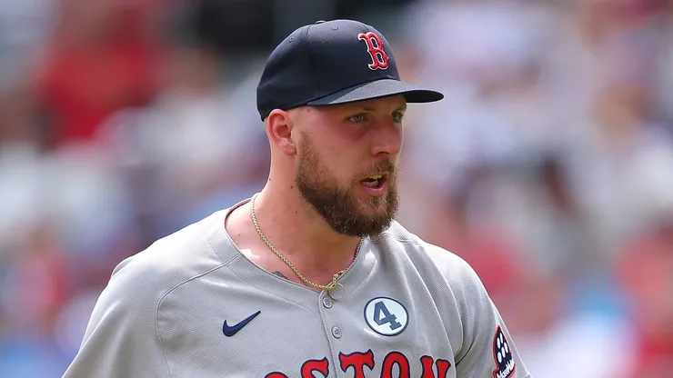 Garrett Crochet reacts after striking out Ronald Acuña Jr. on June 01, 2025 in Atlanta.