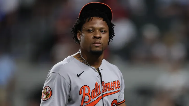 Gregory Soto #65 of the Baltimore Orioles walks back to his dugout after being removed from the game against the Texas Rangers.