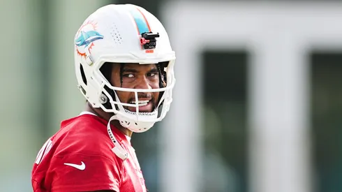 Tua Tagovailoa #1 of the Miami Dolphins practices at Baptist Health Training Complex on July 25, 2025 in Miami Gardens, Florida.