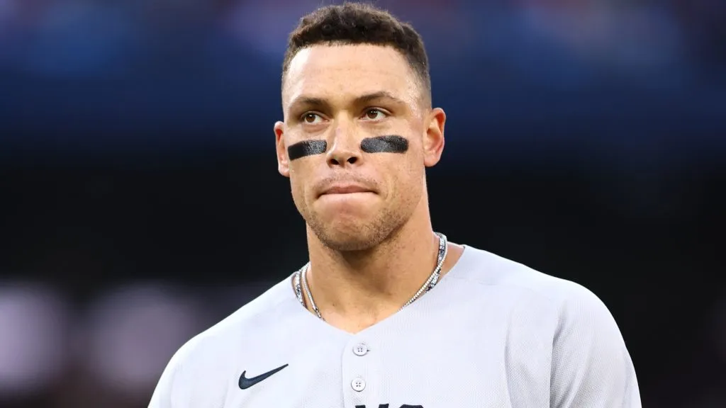 Aaron Judge reacts after popping out in the fifth inning