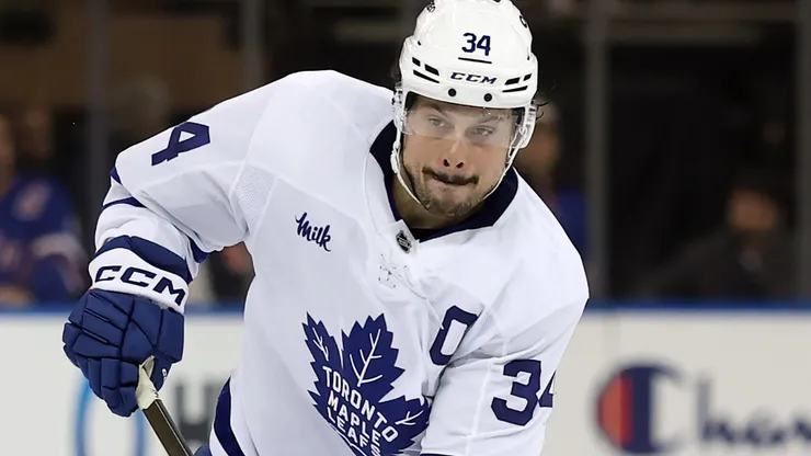 Auston Matthews #34 of the Toronto Maple Leafs in action during the game against the New York Rangers at Madison Square Garden on March 20, 2025 in New York City. The Maple Leafs won 4-3.