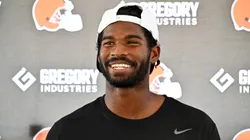 Quarterback Shedeur Sanders #12 of the Cleveland Browns talks to reporters during training camp at CrossCountry Mortgage Campus on July 25, 2025 in Berea, Ohio.