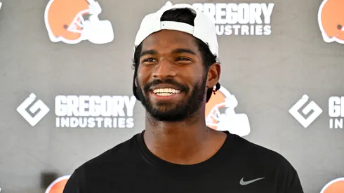 Quarterback Shedeur Sanders #12 of the Cleveland Browns talks to reporters during training camp at CrossCountry Mortgage Campus on July 25, 2025 in Berea, Ohio.