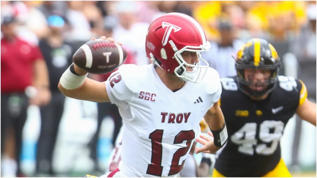 Matthew Caldwell #12 of the Troy Trojans throws a pass against the Iowa Hawkeyes at Kinnick Stadium on September 14, 2024 in Iowa City, Iowa.