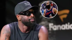 Dwyane Wade speaks onstage at Fanatics Fest NYC 2025 and James Harden #1 of the Los Angeles Clippers.