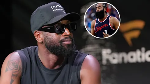 Dwyane Wade speaks onstage at Fanatics Fest NYC 2025 and James Harden #1 of the Los Angeles Clippers.