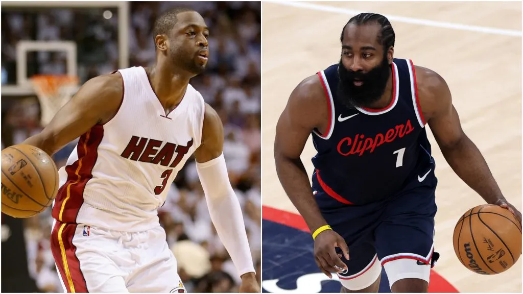 Dwyane Wade #3 of the Miami Heat and James Harden #1 of the Los Angeles Clippers.