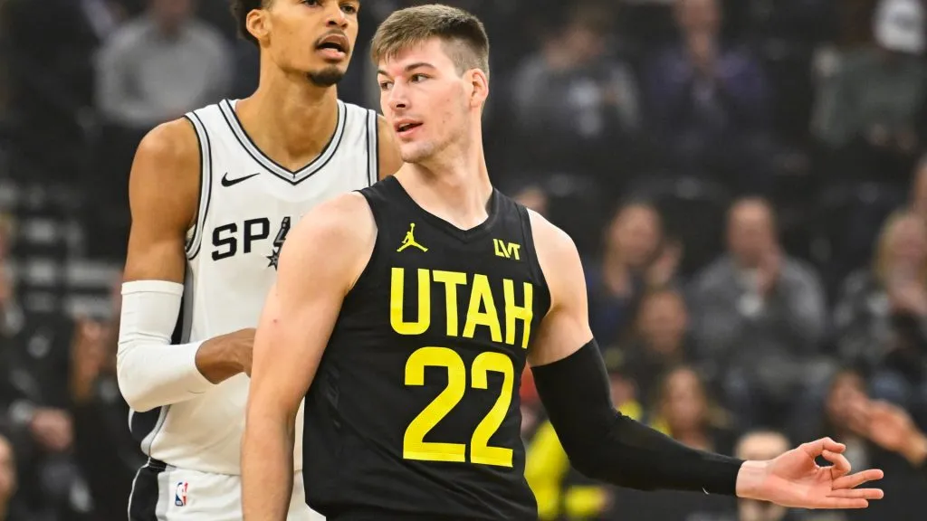Kyle Filipowski #22 of the Utah Jazz celebrates a three point play during the first half of a game against the San Antonio Spurs at Delta Center on October 31, 2024. (Source: Alex Goodlett/Getty Images)