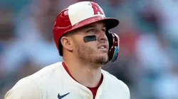 Mike Trout #27 of the Los Angeles Angels on a first inning walk against the Houston Astros at Angel Stadium of Anaheim on June 20, 2025 in Anaheim, California.