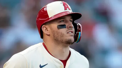 Mike Trout #27 of the Los Angeles Angels on a first inning walk against the Houston Astros at Angel Stadium of Anaheim on June 20, 2025 in Anaheim, California.