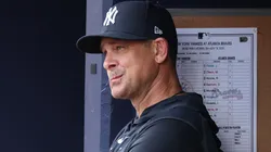 Manager Aaron Boone #17 of the New York Yankees looks on prior to facing the Atlanta Braves at Truist Park on July 19, 2025 in Atlanta, Georgia.