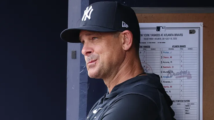 Manager Aaron Boone #17 of the New York Yankees looks on prior to facing the Atlanta Braves at Truist Park on July 19, 2025 in Atlanta, Georgia.
