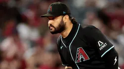 Eugenio Suárez #28 of the Arizona Diamondbacks plays third base against the Los Angeles Angels.