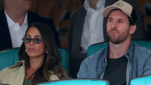 Lionel Messi and Antonela Rocuzzo during the 2025 Miami Open