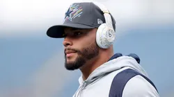 Dak Prescott #4 of the Dallas Cowboys warms up before their game against the New England Patriots at Gillette Stadium on October 17, 2021 in Foxborough, Massachusetts.