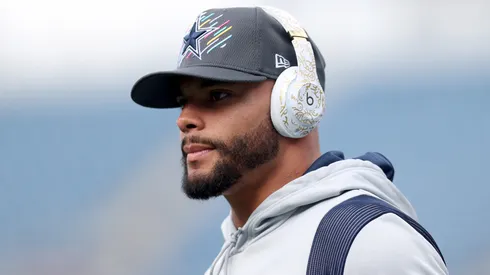 Dak Prescott #4 of the Dallas Cowboys warms up before their game against the New England Patriots at Gillette Stadium on October 17, 2021 in Foxborough, Massachusetts.
