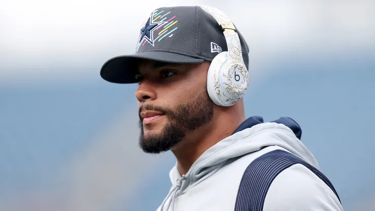 Dak Prescott #4 of the Dallas Cowboys warms up before their game against the New England Patriots at Gillette Stadium on October 17, 2021 in Foxborough, Massachusetts.