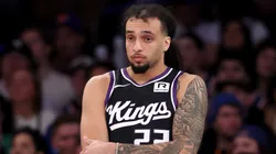 Devin Carter #22 of the Sacramento Kings reacts during the second half against the New York Knicks at Madison Square Garden on January 25, 2025 in New York City.