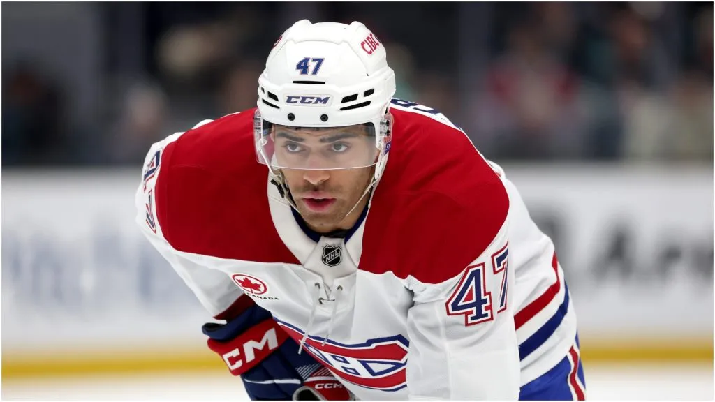 Jayden Struble #47 of the Montreal Canadiens looks on against the Seattle Kraken during the first period at Climate Pledge Arena on March 12, 2025 in Seattle, Washington.