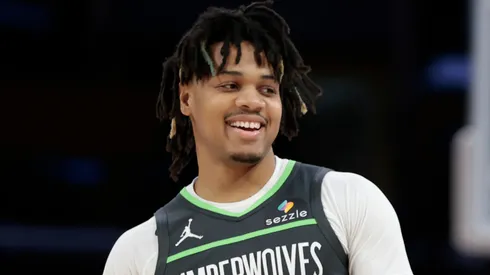 Terrence Shannon Jr. #00 of the Minnesota Timberwolves speaks with Bronny James #9 of the Los Angeles Lakers during the fourth quarter in Game One of the Western Conference First Round NBA Playoffs at Crypto.com Arena on April 19, 2025.