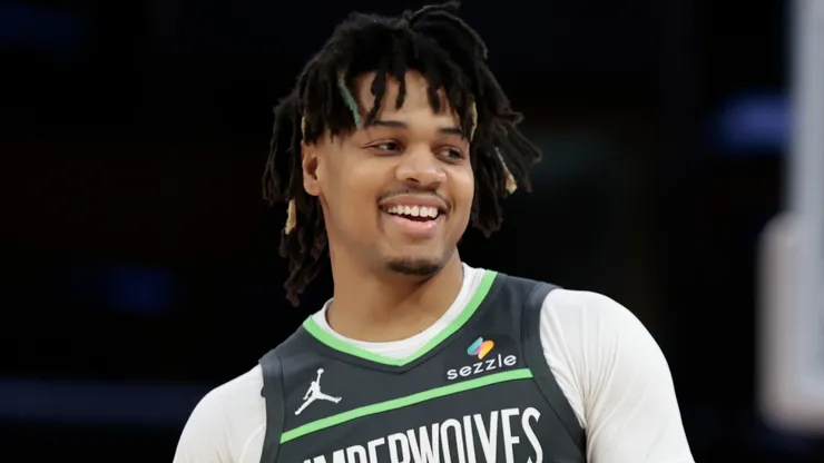 Terrence Shannon Jr. #00 of the Minnesota Timberwolves speaks with Bronny James #9 of the Los Angeles Lakers during the fourth quarter in Game One of the Western Conference First Round NBA Playoffs at Crypto.com Arena on April 19, 2025.