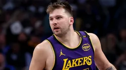 Luka Doncic #77 of the Los Angeles Lakers dribbles the ball against the Dallas Mavericks during the fourth quarter at American Airlines Center on April 09, 2025 in Dallas, Texas.