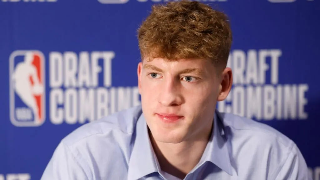 Kasparas Jakucionis answers questions from reporters during media availability at the 2025 NBA Draft Combine at Wintrust Arena on May 14, 2025. (Source: Michael Reaves/Getty Images)