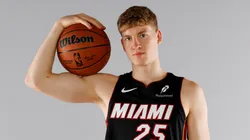 Kasparas Jakucionis #25 of the Miami Heat poses for a portrait during the 2025 NBA Rookie Photo Shoot at UNLV on July 15, 2025.