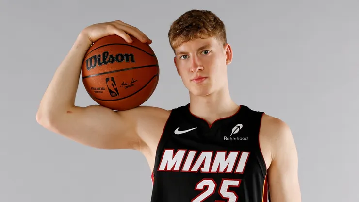 Kasparas Jakucionis #25 of the Miami Heat poses for a portrait during the 2025 NBA Rookie Photo Shoot at UNLV on July 15, 2025.