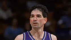 Point guard John Stockton #12 of the Utah Jazz dribbles the ball during the NBA game against the Orlando Magic