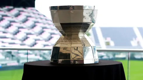 A detailed view of the Leagues Cup trophy is seen after an Inter Miami training session at Florida Blue Training Center on August 21, 2023.