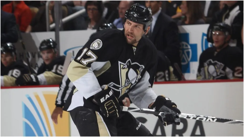 Michael Rupp #17 of the Pittsburgh Penguins skates against the Philadelphia Flyers at the Consol Energy Center on October 7, 2010 in Pittsburgh, Pennsylvania.