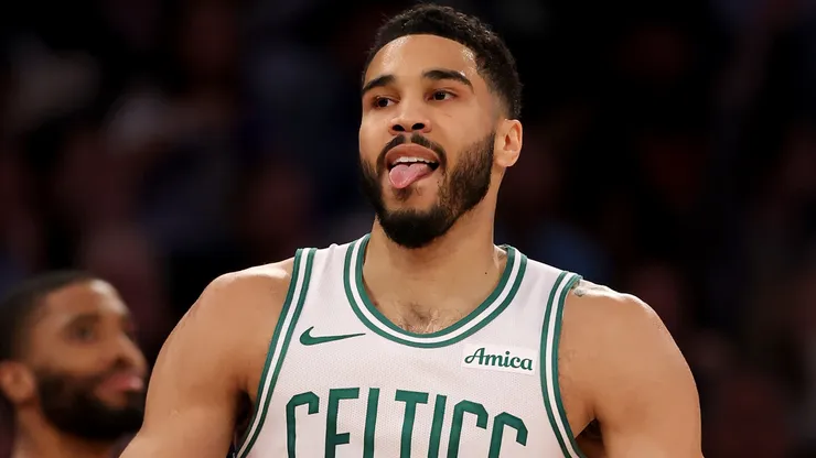 Jayson Tatum #0 of the Boston Celtics reacts.