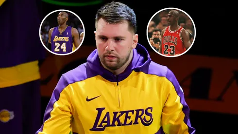 Luka Doncic #77 of the Los Angeles Lakers, Kobe Bryant #24 of the Los Angeles Lakers and Michael Jordan #23 of the Chicago Bulls.