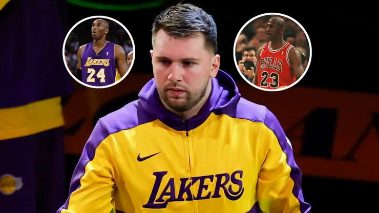 Luka Doncic #77 of the Los Angeles Lakers, Kobe Bryant #24 of the Los Angeles Lakers and Michael Jordan #23 of the Chicago Bulls.