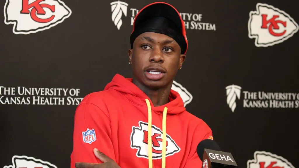 Xavier Worthy speaks to the media during the press conference interviews after the Kansas City Chiefs OTAs at The University of Kansas Health System Training Complex on May 29, 2025. (Source: Bruce Yeung/Getty Images)