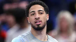 Tyrese Haliburton #0 of the Indiana Pacers warms up before playing the Oklahoma City Thunder in Game Seven of the 2025 NBA Finals.