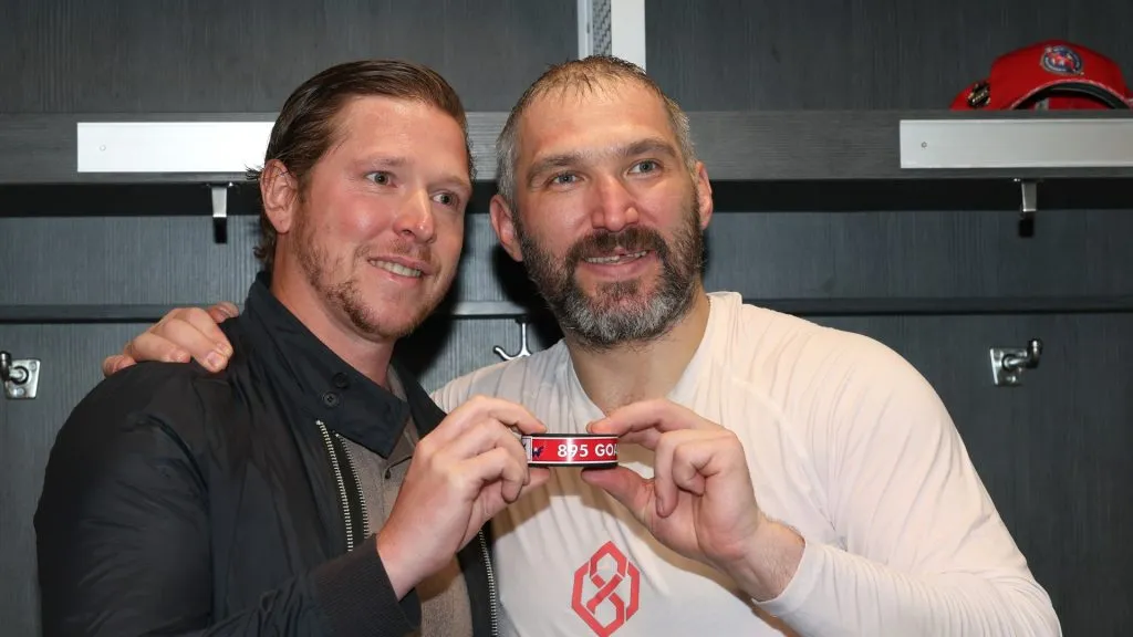 Alex Ovechkin #8 of the Washington Capitals poses with Nicklas Backstrom