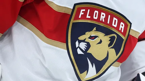 A detail of the Florida Panthers logo during the third period against the Boston Bruins at TD Garden on October 30, 2023 in Boston, Massachusetts.