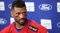 Russell Wilson #3 of the New York Giants talks to reporters during training camp at Quest Diagnostics Training Center on July 23, 2025 in East Rutherford, New Jersey.