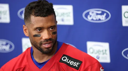 Russell Wilson #3 of the New York Giants talks to reporters during training camp at Quest Diagnostics Training Center on July 23, 2025 in East Rutherford, New Jersey.