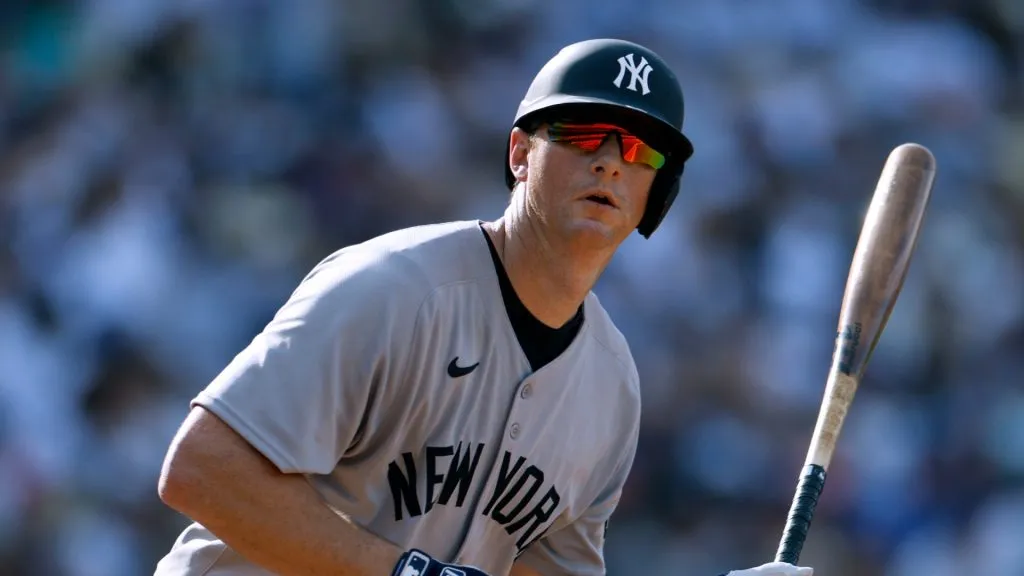 DJ LeMahieu #26 of the New York Yankees at bat during an 18-2 Los Angeles Dodgers win at Dodger Stadium on May 31, 2025 in Los Angeles, California. (Photo by Harry How/Getty Images)