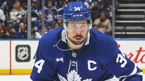 Auston Matthews #34 of the Toronto Maple Leafs skates with the puck.