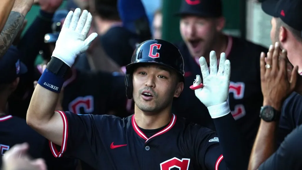 Steven Kwan celebrating