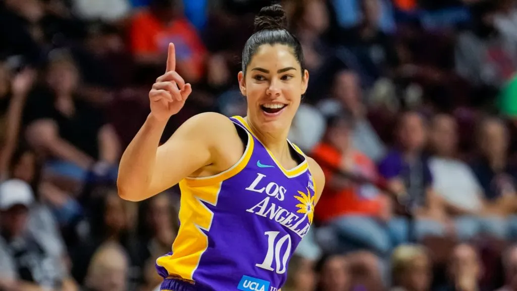 Kelsey Plum #10 of the Los Angeles Sparks reacts during the second half of a WNBA basketball game against the Connecticut Sun at Mohegan Sun Arena on July 24, 2025. (Source: Joe Buglewicz/Getty Images)