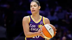 Kelsey Plum #10 of the Los Angeles Sparks on court in the second half of play against the Washington Mystics at Crypto.com Arena on July 15, 2025.