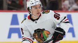 Connor Bedard #98 of the Chicago Blackhawks skates against the Washington Capitals during the first at Capital One Arena on April 04, 2025 in Washington, DC.