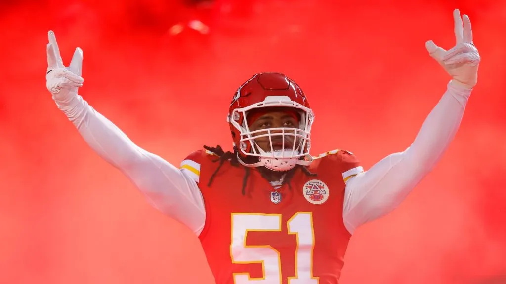 Mike Danna #51 of the Kansas City Chiefs takes the field prior to the the AFC Championship Game against the Cincinnati Bengals at GEHA Field at Arrowhead Stadium on January 29, 2023 in Kansas City, Missouri.