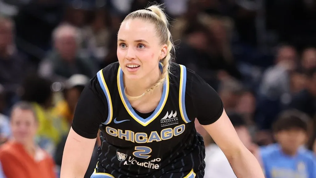 Hailey Van Lith #2 of the Chicago Sky dribbles against the New York Liberty during the first half at Wintrust Arena on May 22, 2025. (Source: Michael Reaves/Getty Images)