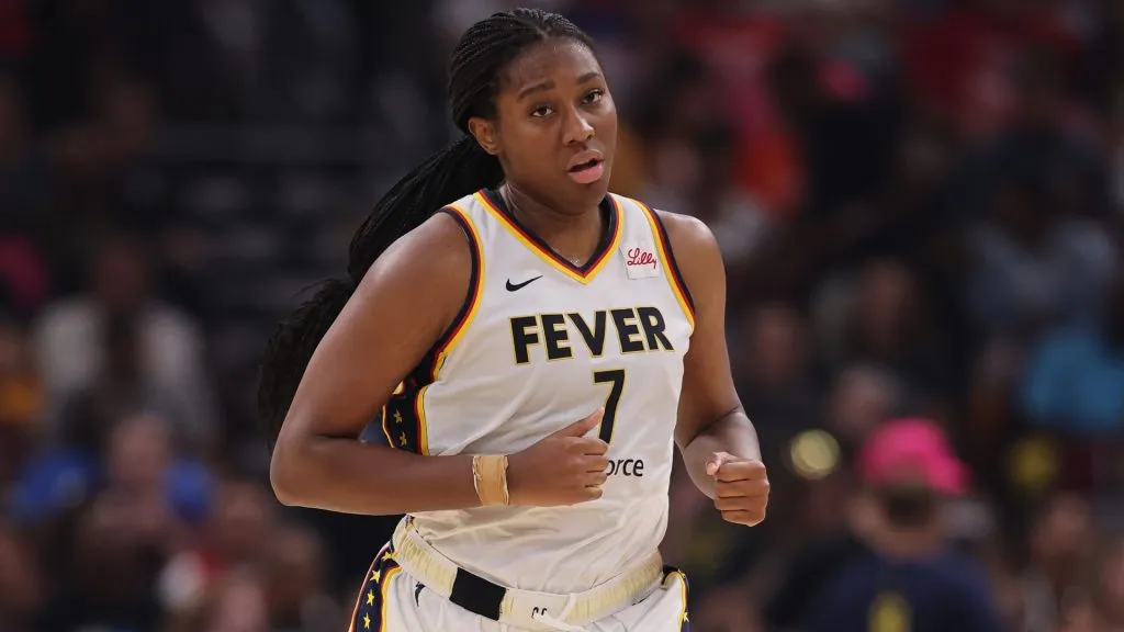 Aliyah Boston #7 of the Indiana Fever looks on against the Chicago Sky during the second half at the United Center on July 27, 2025. (Source: Michael Reaves/Getty Images)